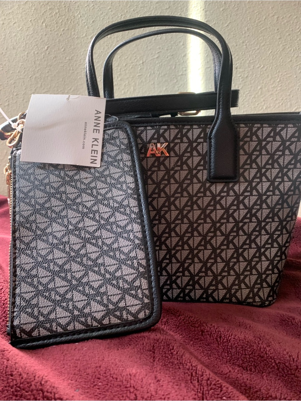 Anne Klein Black Logo Jacquard Tote with Matching Wristlet